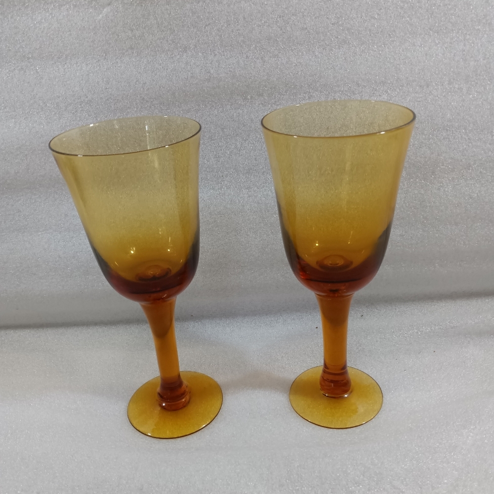 2 Hand Blown MCM Stemmed Amber Glasses Water Wine Glasses